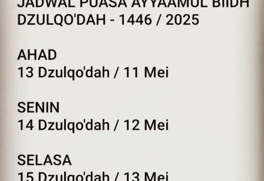 Jadwal Puasa Ayyaamul Biidh – Dzulqo’dah 1446 Hijriyah